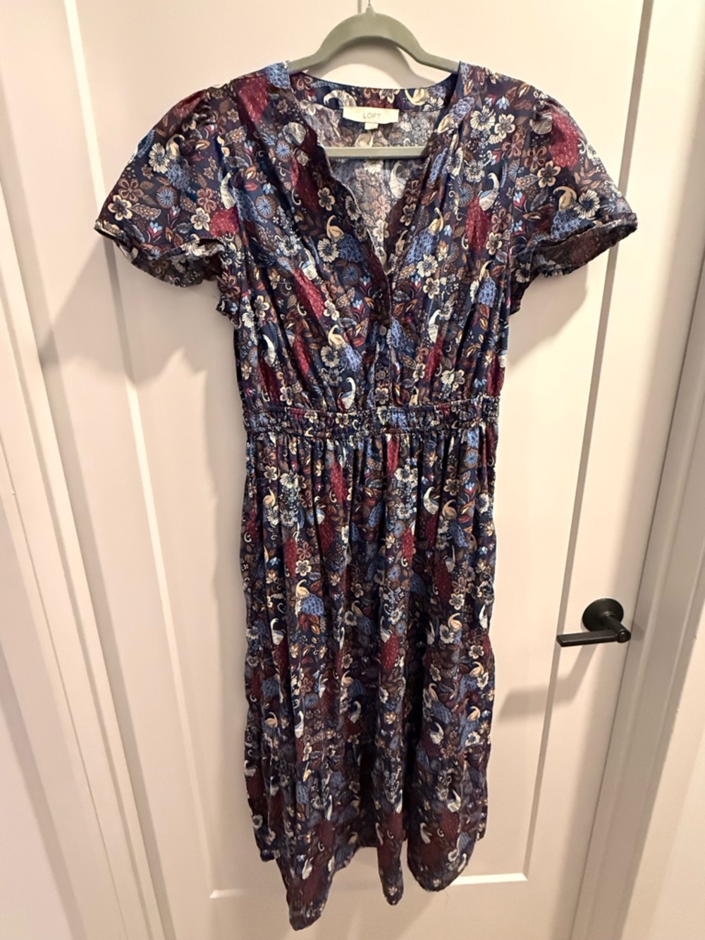 LOFT Burgundy and Blue Floral Paisley Midi Dress